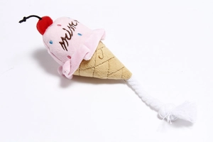 Detail of ice cream plush pet toy with cotton rope tail and pink Meow embroidery