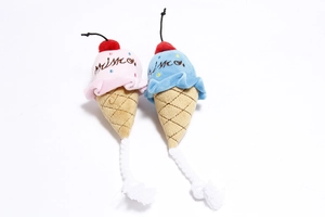 Detail of plush ice cream pet toys with cotton ropes and embroidered Misco brand logo