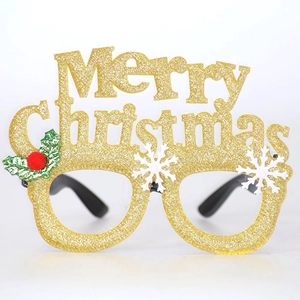 Front view of gold sequined Merry Christmas glasses frame with festive holiday motifs