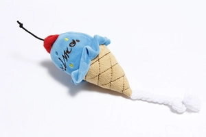 Detail of plush ice cream dog toy with soft texture and white cotton rope knot