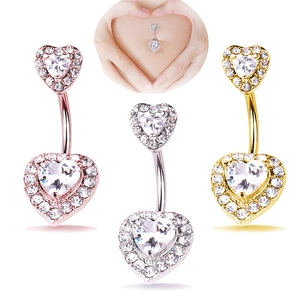 Three-color heart-shaped belly rings with sparkling cubic zirconia on a white background