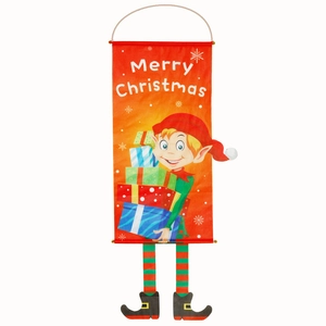 Polyester Christmas banner featuring cartoon elf with Merry Christmas lettering on white backdrop