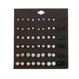30 pairs set of gold silver and black stud earrings with pearls and crystals