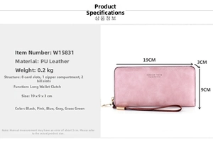Detailed internal specs of the pink PU leather long wallet with 8 card slots and zipper