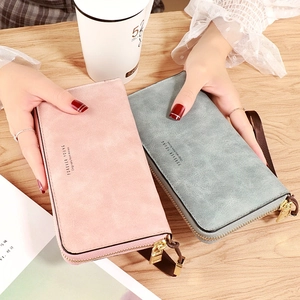 Women's long vintage zip wallet with wrist strap in matte pink and grey-blue leather