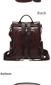 Detailed back and bottom view of soft leather backpack with hidden zipper and pom-pom decor