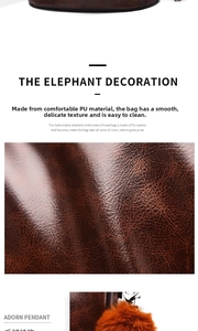 Close-up of brown PU leather texture and decorative fur ball pendant on backpack