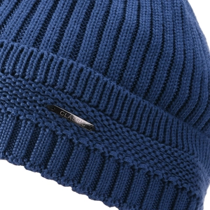 Navy blue winter knitted beanie with fleece lining and classic metal tag decoration