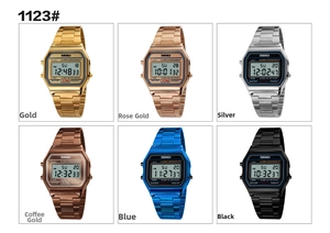 Dettaglio degli orologi digitali SKMEI con sei finiture metalliche e quadranti quadrati classici