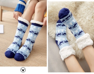 Detail of blue and white sherpa fleece socks with reindeer and snowflake knit pattern