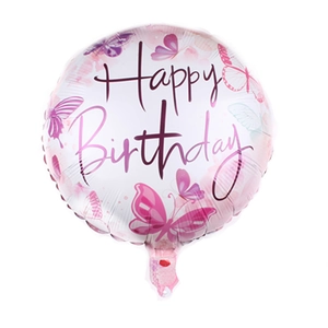 Detail of round foil birthday balloon featuring pink butterflies and Happy Birthday text