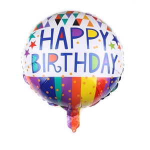 Detailed view of round Happy Birthday foil balloon with blue text and geometric patterns