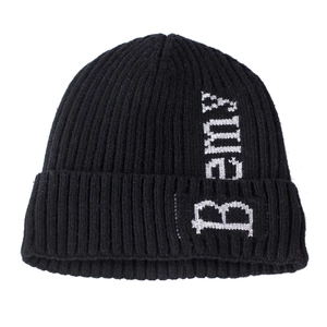 Winter knitted beanie in black with white gothic Berny lettering and ribbed texture