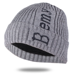 Detail of grey winter knit beanie featuring Bemy lettering and warm black fleece lining