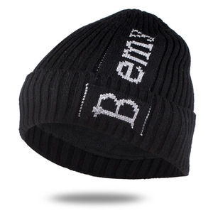 Close-up of the thick ribbed knit texture and white B amy letter embroidery on black beanie