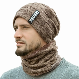 Men's winter knit beanie and neck warmer set in brown fleece-lined thick ribbed fabric