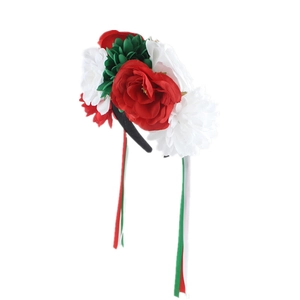 Floral headband with red, white, and green artificial flowers and long ribbons