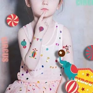Colorful circus-themed temporary tattoos for children featuring clown and elephant patterns
