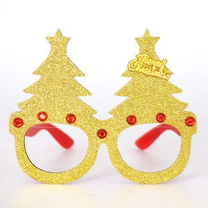 Occhiali albero di Natale con glitter dorati, strass rossi e scritta Merry Christmas