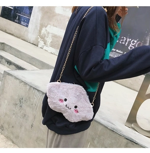 Gray plush cloud crossbody bag featuring cute embroidery and golden chain shoulder strap