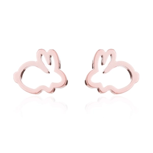Macro shot of rose gold rabbit studs featuring minimalist hollow outlines and a polished finish
