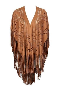 Detail of brown faux suede poncho featuring laser-cut floral patterns and long fringe tassels