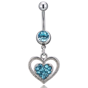 Silver heart belly button ring with blue crystals and dangle heart pendant jewelry