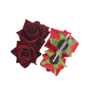 Dual velvet rose flower hair clips in deep and bright red with metal duckbill clamp