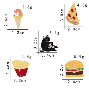 Detailed chart showing sizes and weights of enamel pizza, cat, fries, and burger lapel pins