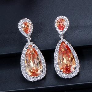 Classic teardrop earrings with amber orange stones and cubic zirconia pavé setting
