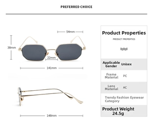 Detail view of small rectangular metal sunglasses with AC lenses and PC frame dimensions
