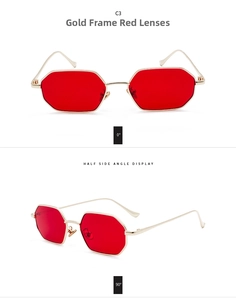Detail view of gold metal rectangular sunglasses with red lenses from multiple angles