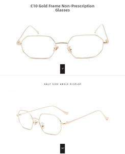 Detailed views of gold octagonal metal frame glasses with clear lenses in model C10