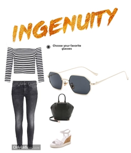 Flat lay of gold geometric sunglasses paired with striped top and fashion accessories