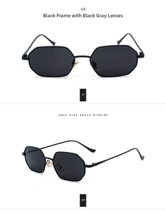 Front and side angle view of rectangular metal frame sunglasses with dark lenses