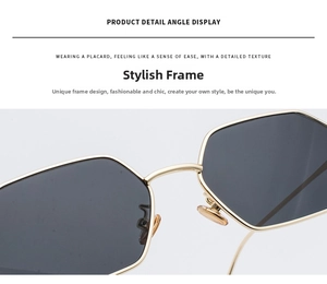 Detailed close-up of golden metal nose pads and bridge on geometric sunglasses