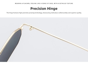 Macro detail of high-precision gold metal hinge and screw on rectangular sunglasses