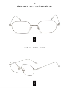 Detail view of silver rectangular metal eyeglasses showing front and side profile angles