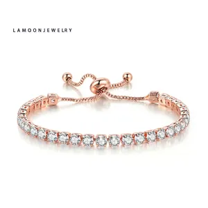 Rose gold adjustable tennis bracelet with 4mm round cubic zirconia on white background