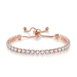 Detailed view of rose gold tennis bracelet with cubic zirconia and adjustable bolo clasp