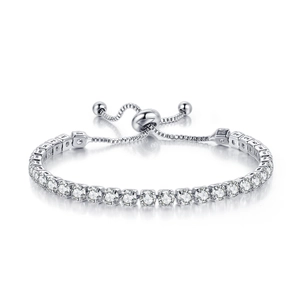 Detail of adjustable tennis bracelet featuring 4mm round-cut cubic zirconia crystals