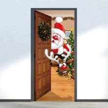 Detailed Christmas door decal featuring Santa Claus and reindeer in a festive home setting