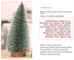 Size chart showing six mini frosted cedar Christmas trees with wood bases from 5cm to 30cm