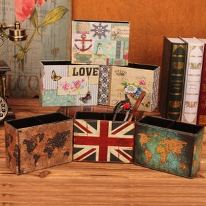 Set of 6 vintage faux leather desk organizers featuring world maps and retro floral patterns