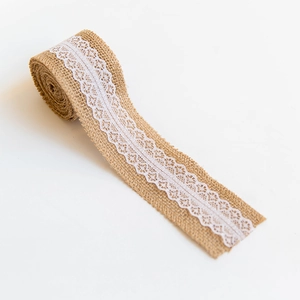 Natural jute burlap ribbon with white lace trim roll for Christmas tree and wedding decor