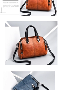 Detailed view of a vintage soft leather handbag with textured finish and black handles