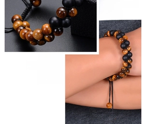 Detail of double-layer bracelet with 8mm tiger eye and matte agate beads and pull-cord