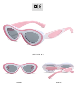 Three perspectives of pink and white oval sunglasses with gray lenses in Y2K style
