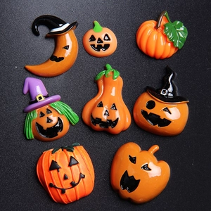 Halloween resin DIY charms featuring assorted pumpkin, moon and wizard hat flatback figures