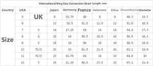 Detailed international ring size conversion chart with measurements in millimeters
